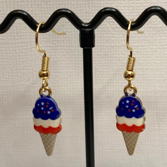 Patriotic Earring, Ice Cream Cone Earring, Red White Blue Earring, USA Earring - Picture 3 of 6